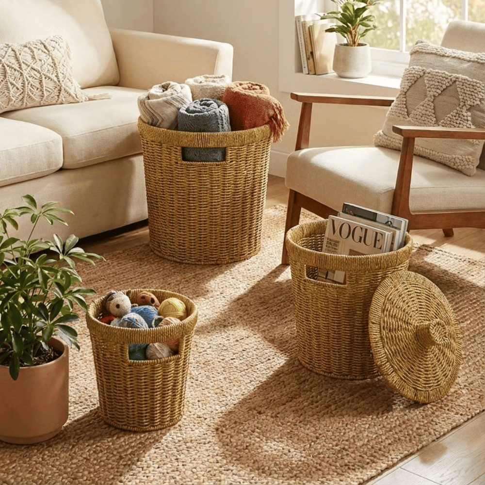 3’lü İç İçe Geçebilen Büyük Plastik Rattan Hasır Sepet Seti-dayanıklı Çok Amaçlı Ev,banyo Ve Mutfak Düzenleyici Bx40