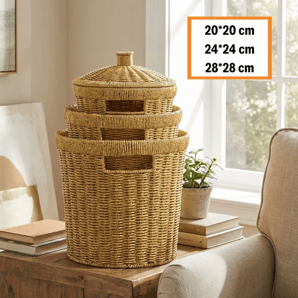 3’lü İç İçe Geçebilen Büyük Plastik Rattan Hasır Sepet Seti-dayanıklı Çok Amaçlı Ev,banyo Ve Mutfak Düzenleyici Bx40