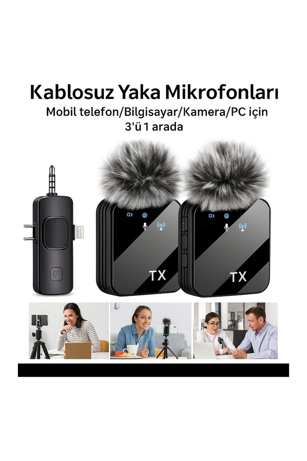 3ü 1 Arada Kablosuz Yaka Mikrofonu Seti ile Type-C, Lightning ve Jack Girişli Cihazlarda Kayıt