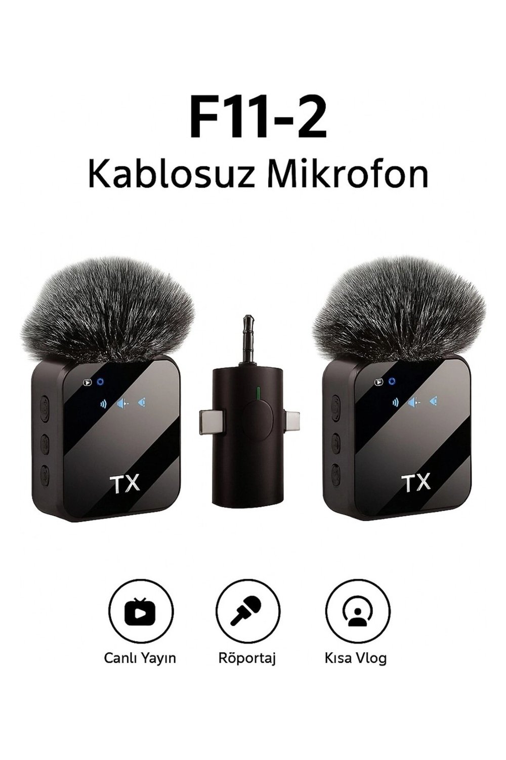 3ü 1 Arada Kablosuz Yaka Mikrofonu Seti ile Type-C, Lightning ve Jack Girişli Cihazlarda Kayıt