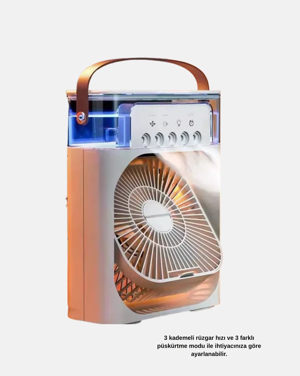 3’ü 1 Arada Mini Klima Fan USB Şarjlı, 7 Renk Gece Lambalı ve Nemlendirici