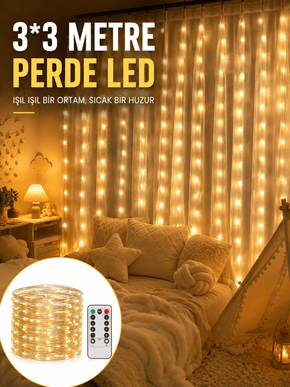 3x3 Metre Perde LED Işık – Parti ve Bahçe Dekorasyonu Yeni Nesil