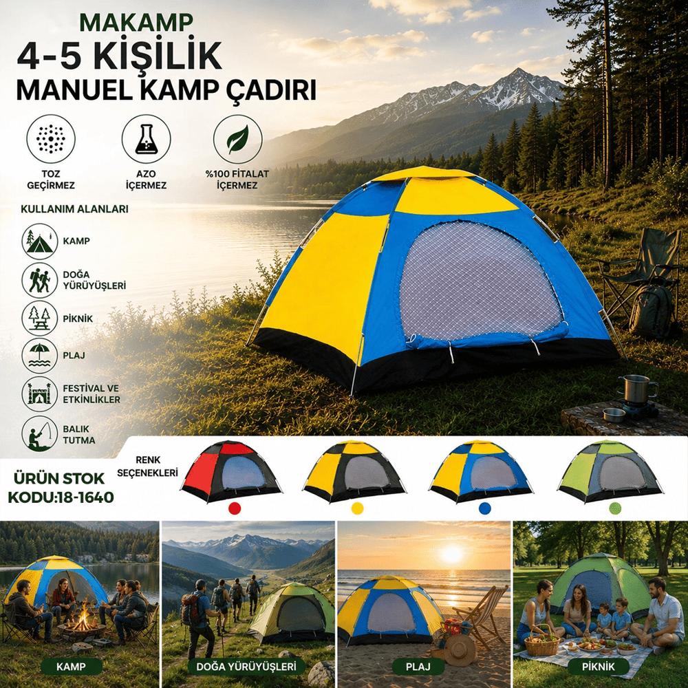 4-5 Kişilik Toz Geçirmez 200cmx200cmx135cm Manuel Kamp Çadır Herhangi Bir Renk Gönderilir Bx40