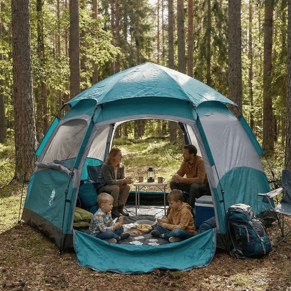4 Kişilik Otomatik Kamp Çadırı – Altıgen Tasarım, Çift Kapılı, Suya Dayanıklı, Hızlı Kurulumlu Geniş Aile Outdoor Çadırı 240x240x160 Cm Bx40