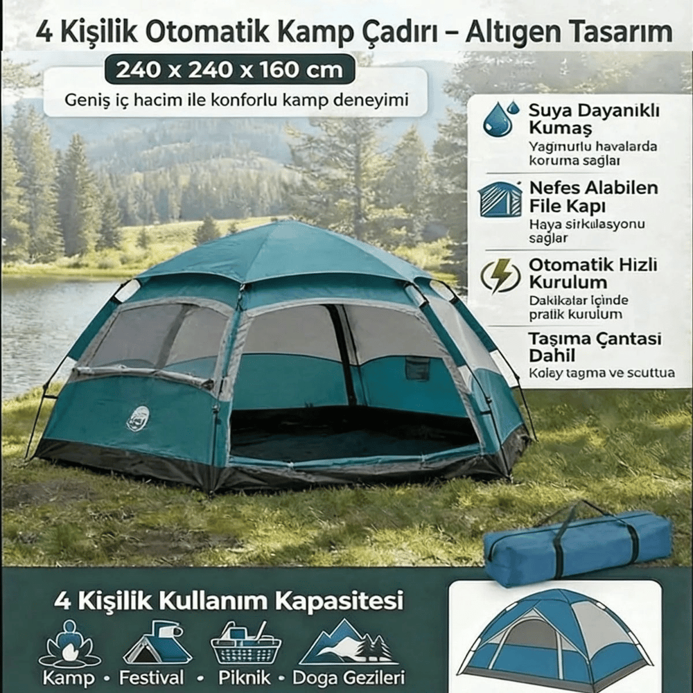 4 Kişilik Otomatik Kamp Çadırı – Altıgen Tasarım, Çift Kapılı, Suya Dayanıklı, Hızlı Kurulumlu Geniş Aile Outdoor Çadırı 240x240x160 Cm Bx40