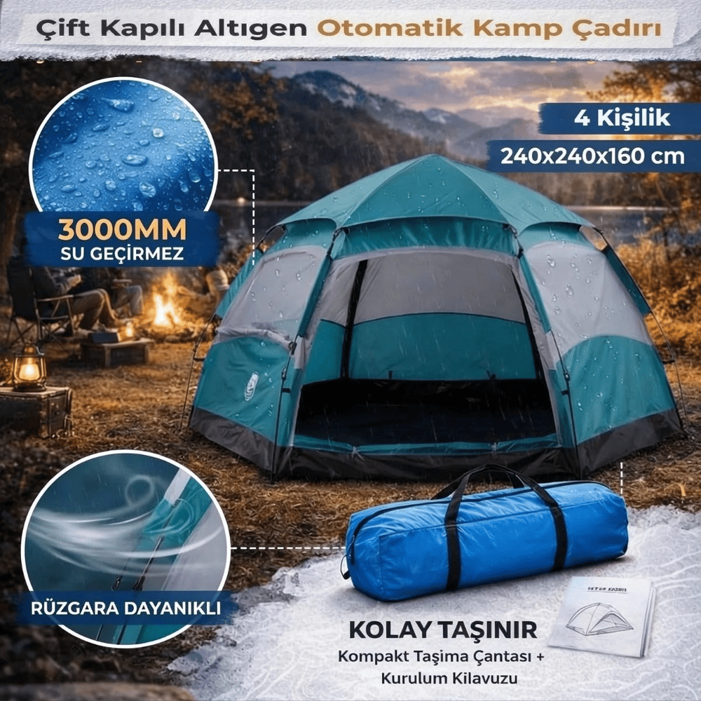 4 Kişilik Otomatik Kamp Çadırı – Altıgen Tasarım, Çift Kapılı, Suya Dayanıklı, Hızlı Kurulumlu Geniş Aile Outdoor Çadırı 240x240x160 Cm Bx40