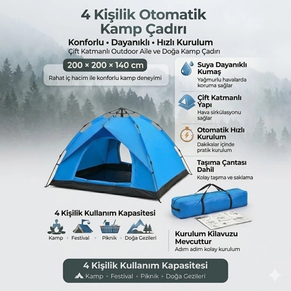 4 Kişilik Otomatik Kamp Çadırı – Çift Katmanlı, Suya Dayanıklı, Hızlı Kurulum Outdoor Aile Ve Doğa Çadırı 200x200x140 Cm Bx40