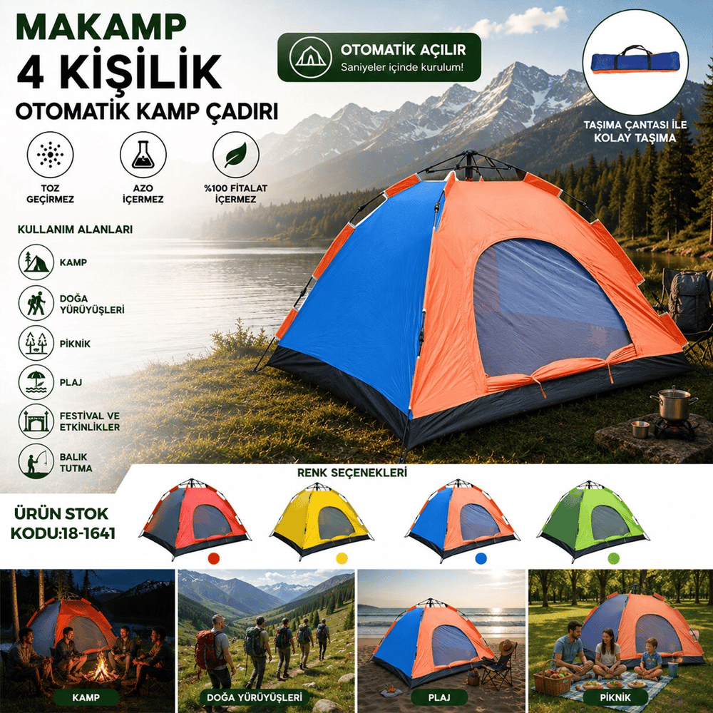 4 Kişilik Toz Geçirmez 200cmx200cmx135cm Otomatik Kamp Çadır Herhangi Bir Renk Gönderilir Bx40