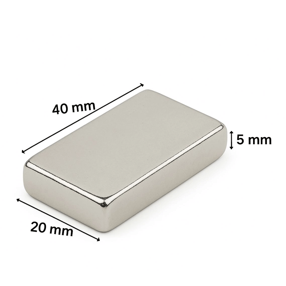 40×20×5 mm N35 Neodyum Mıknatıs – Nikel Kaplama, Köşeli (10’lu Paket)