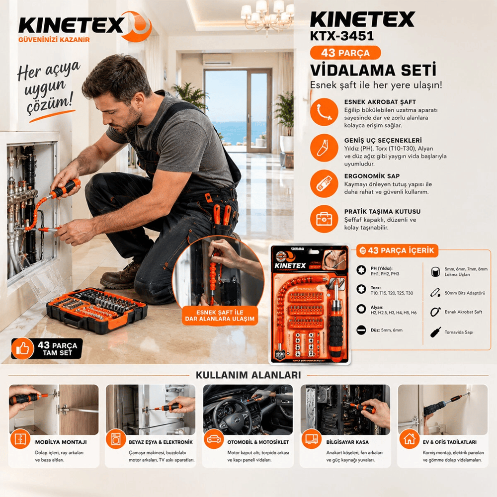43pcs Silikon Sap Akrobat Uzatmalı Tornavida Bits Seti Manyetik Uç Tutucu Ktx-3451 Bx40