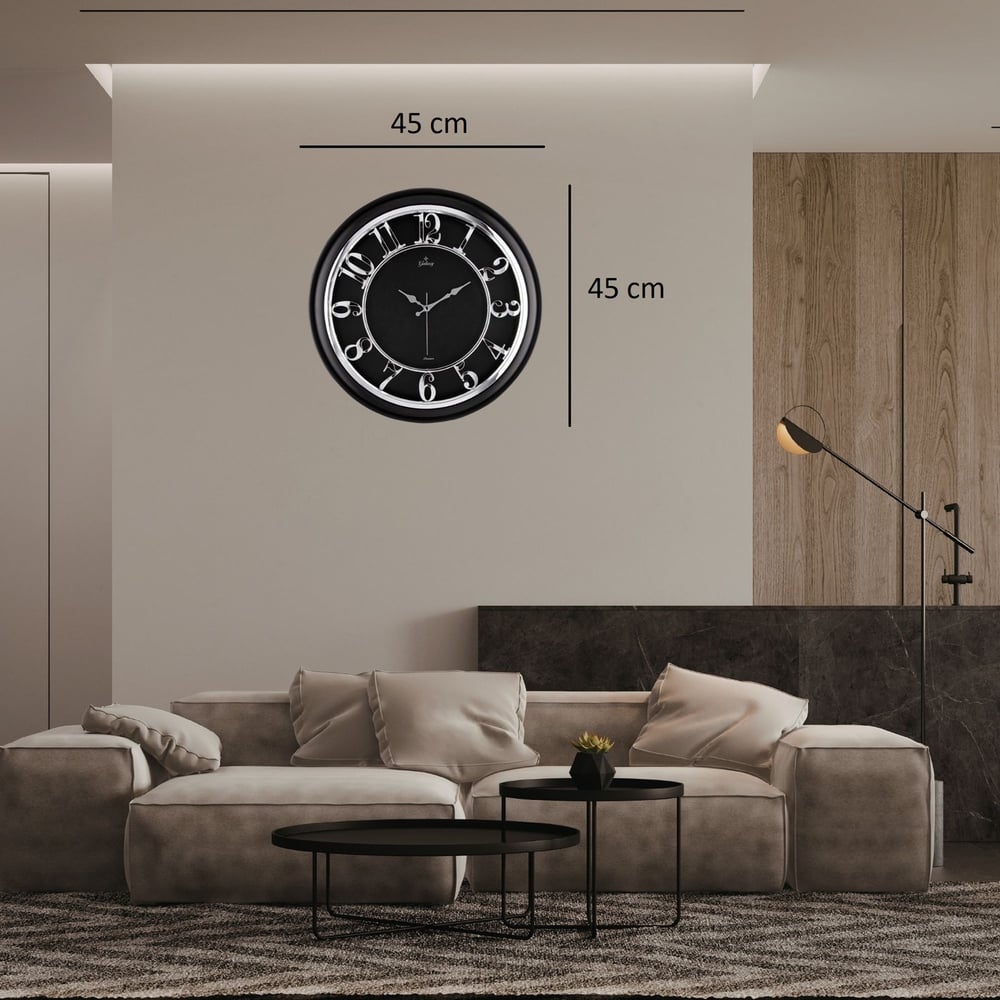 45 Cm Siyah Çerçeve Kabartma Gümüş Rakam Duvar Saati