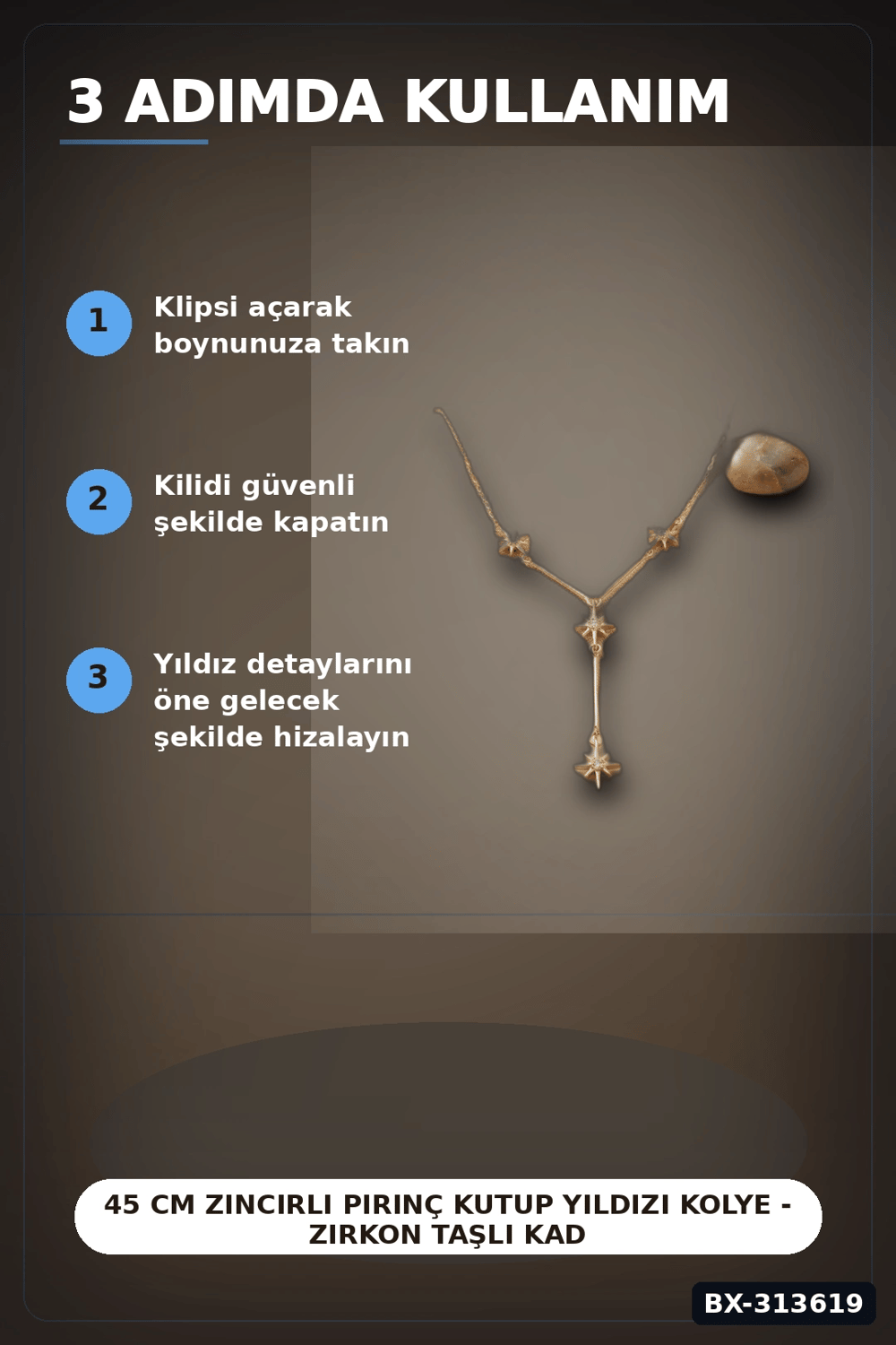 45 Cm Zincirli Pirinç Kutup Yıldızı Kolye - Zirkon Taşlı Kadın Bijuteri Takı BX-313619