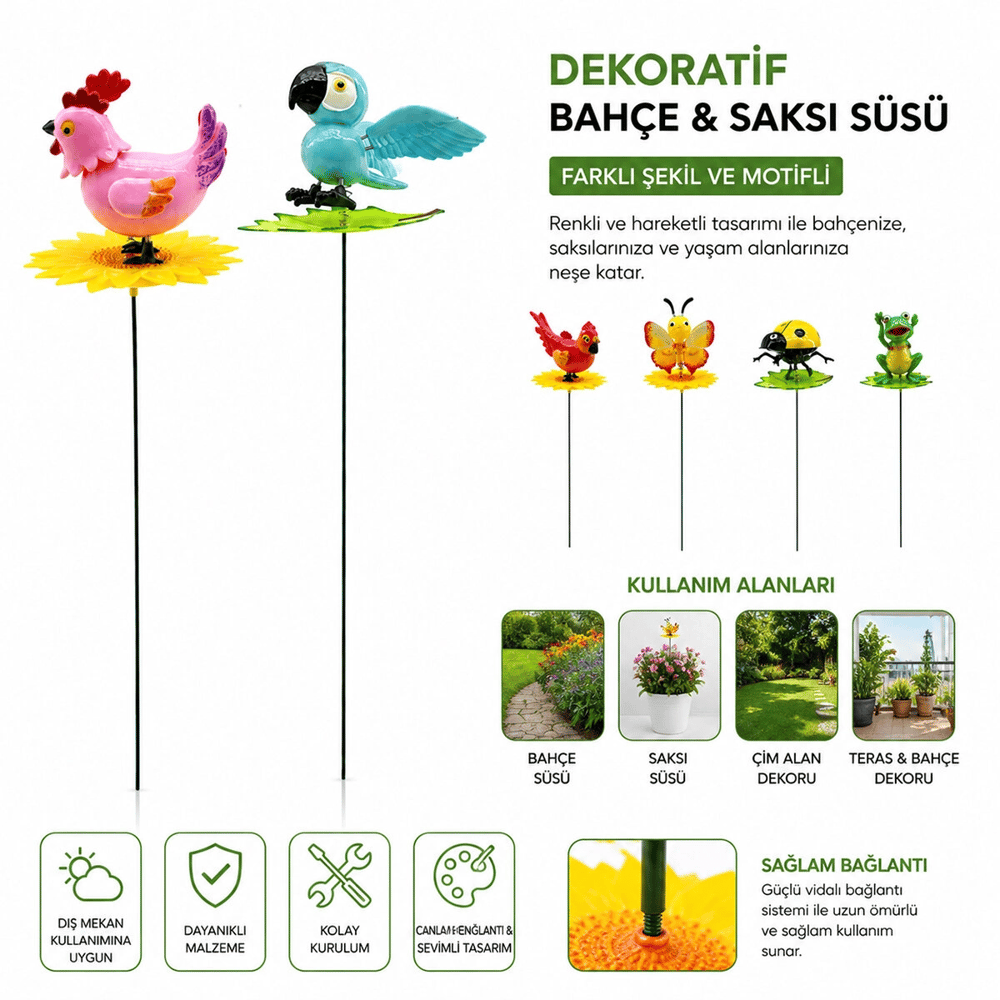 48 Adet Dekoratif Bahçe - Saksı Süsü Rüzgarda Sallanan Yaylı Hayvan Figür Mix Bx40