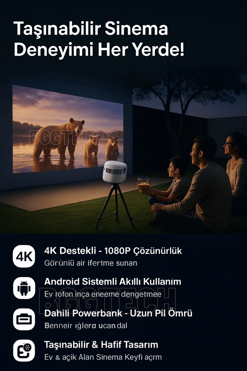 4K Destekli 1080P Çözünürlüklü Android Projeksiyon Cihazı, Taşınabilir ve Kablosuz Bağlantılı