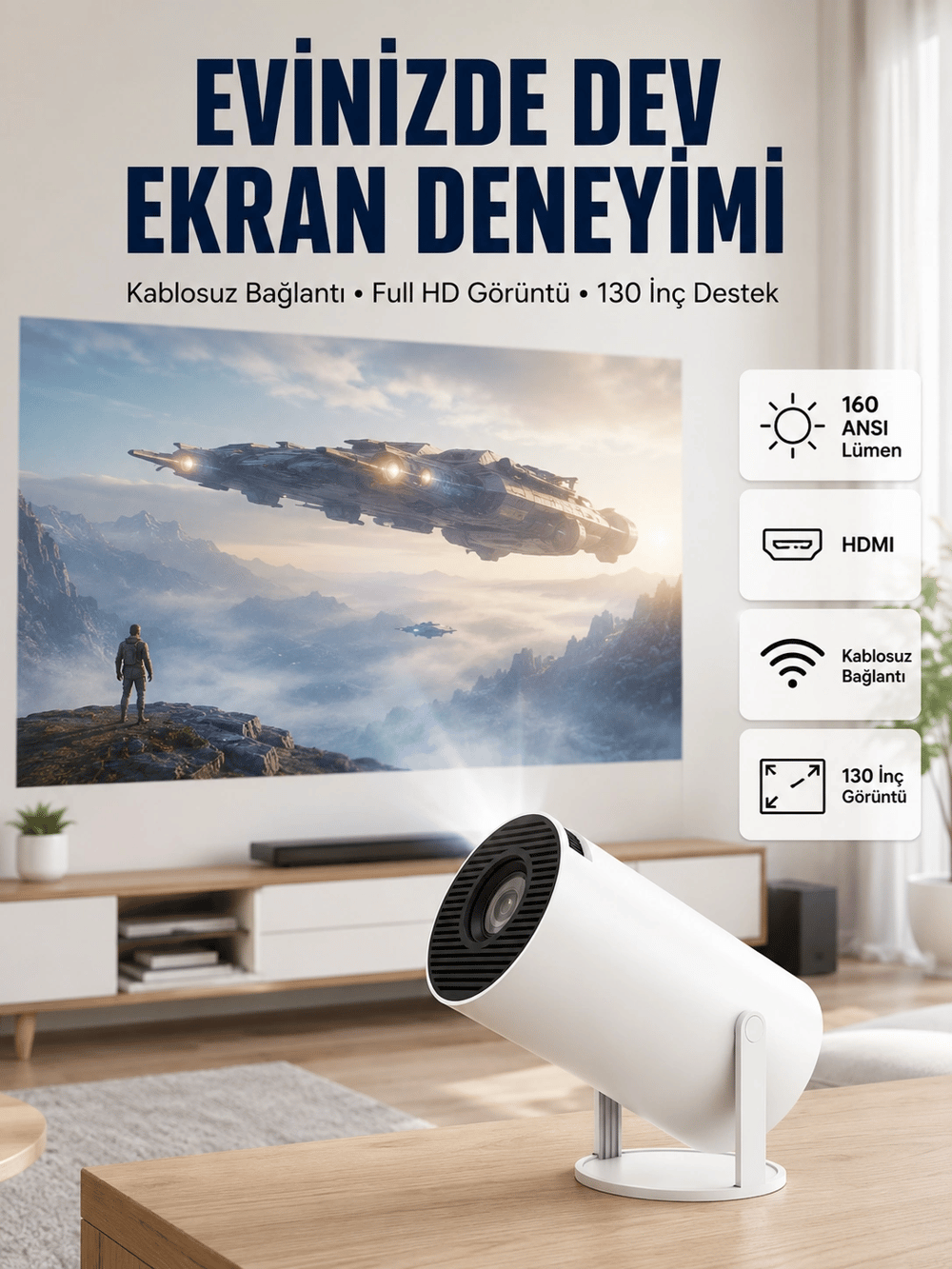 4K Uyumlu 130 İnç Full HD Projeksiyon Cihazı ve Kablosuz Aktarım Özelliği