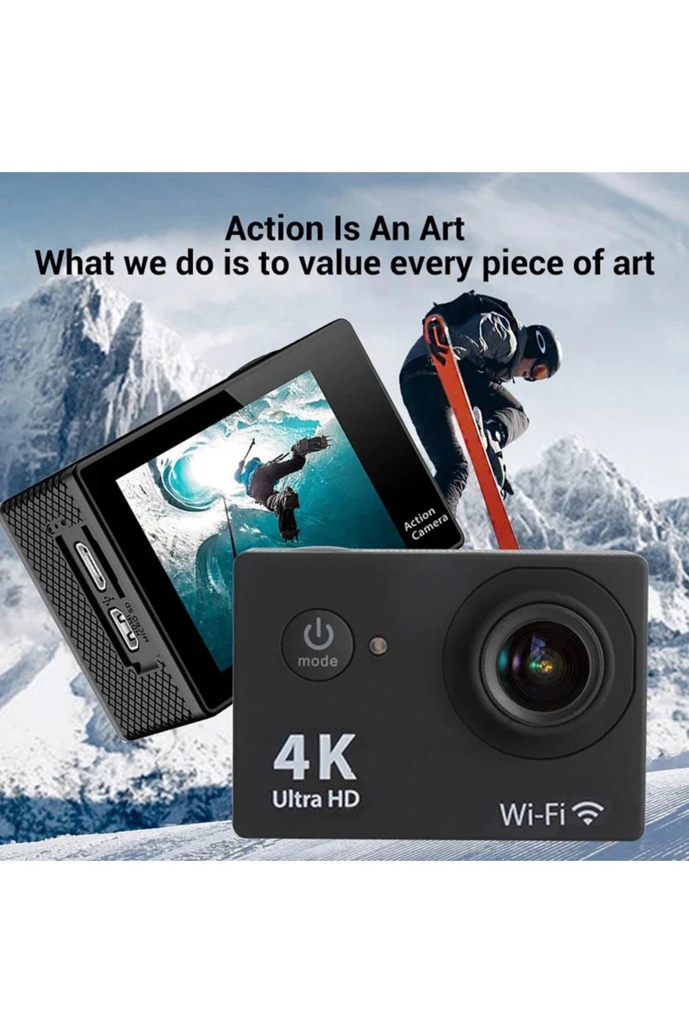 4K çözünürlüklü su geçirmez aksiyon kamerası kumandalı siyah wireless fotoğraf çekimi