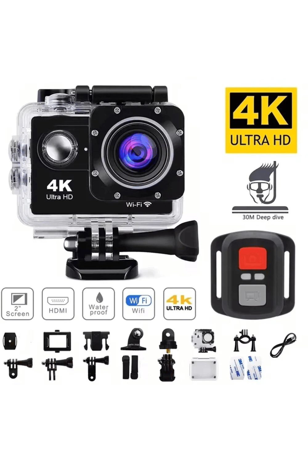 4K çözünürlüklü su geçirmez aksiyon kamerası kumandalı siyah wireless fotoğraf çekimi