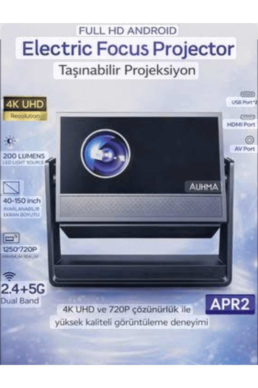 4K lazer projeksiyon cihazı 1280x720 çözünürlük 3000:1 kontrast Wi-Fi USB HDMI metalik