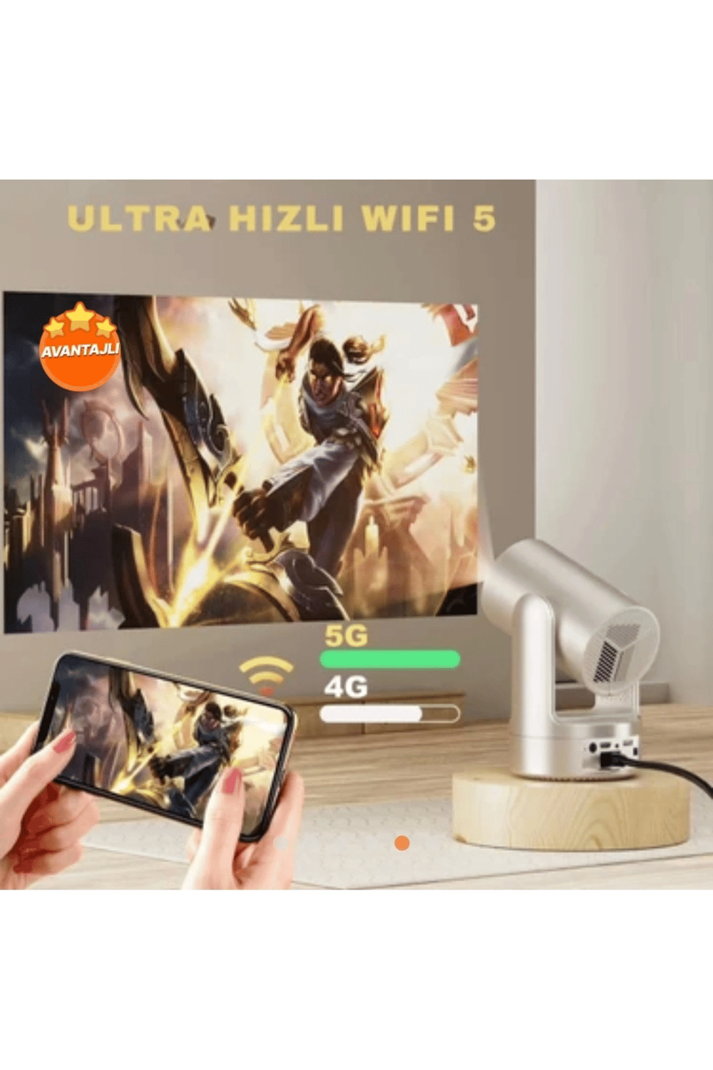 4K lazer projeksiyon cihazı 1280x720 çözünürlük 3000:1 kontrast bej USB HDMI Wi-Fi