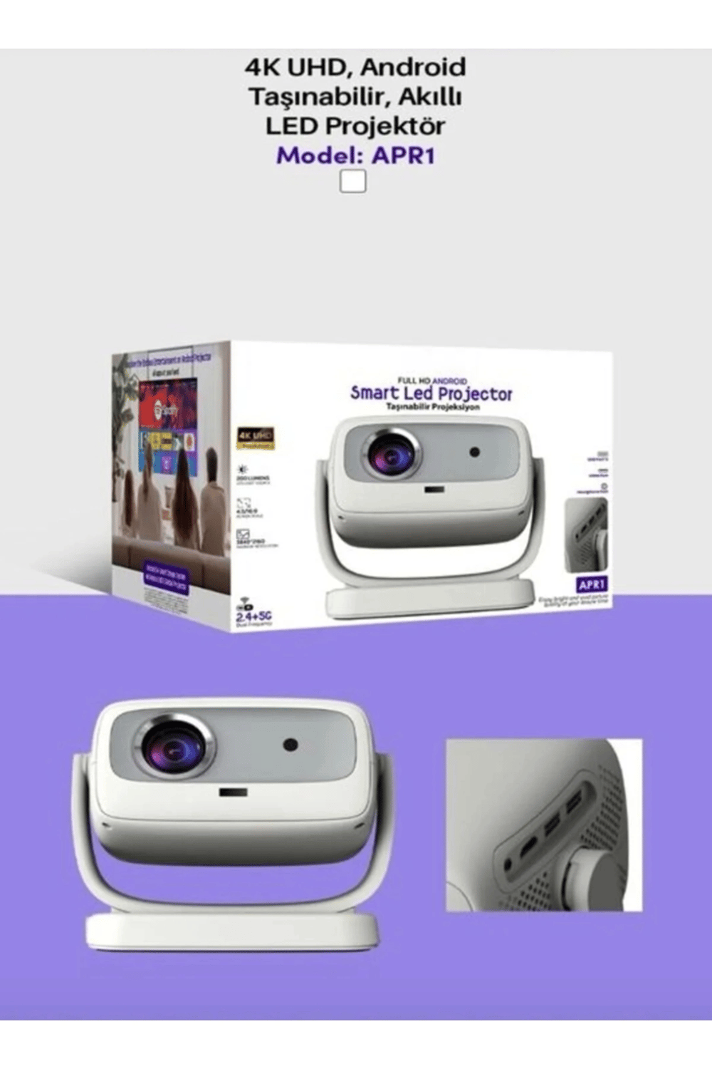 4K lazer projeksiyon cihazı gri 1280x720 çözünürlük 3000:1 kontrast USB HDMI Wi-Fi