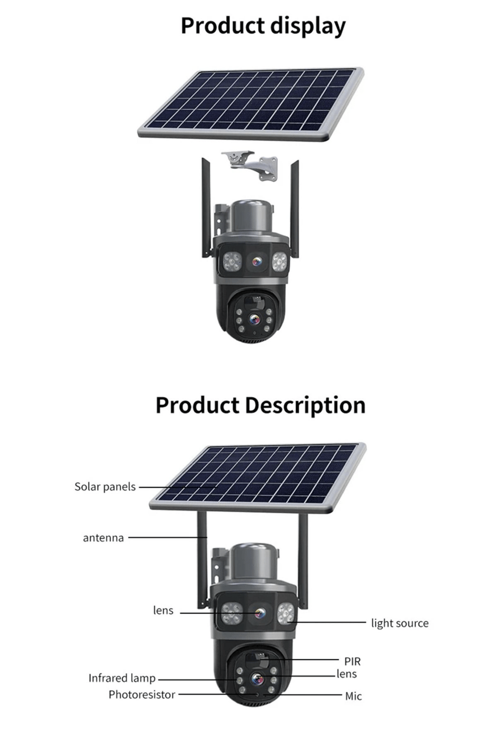 4MP 4K 4G SIM kartlı çift lens güneş enerjili hareketli dış mekan gece görüş güvenlik kamerası