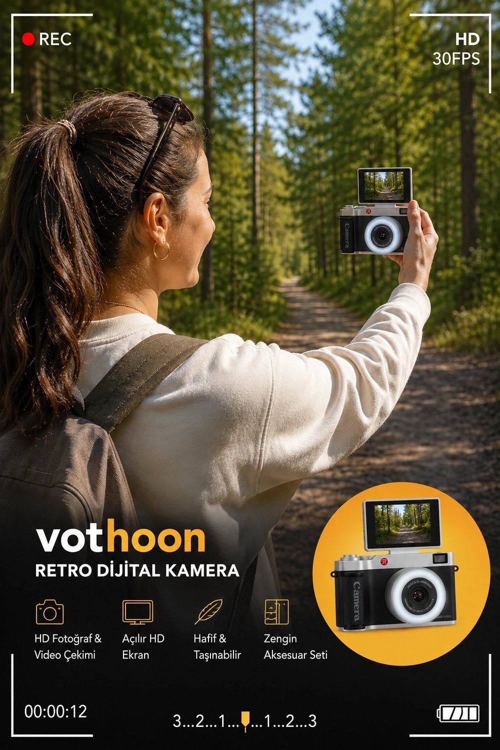 4k Çantalı Dijital Retro Video Kamera 48mp 16x Zoom Işıklı (32gb) Kart Dijital Fotoğraf Makinesi Pembe