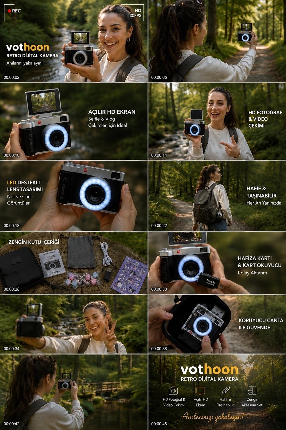 4k Çantalı Dijital Retro Video Kamera 48mp 16x Zoom Işıklı (32gb) Kart Dijital Fotoğraf Makinesi Mavi