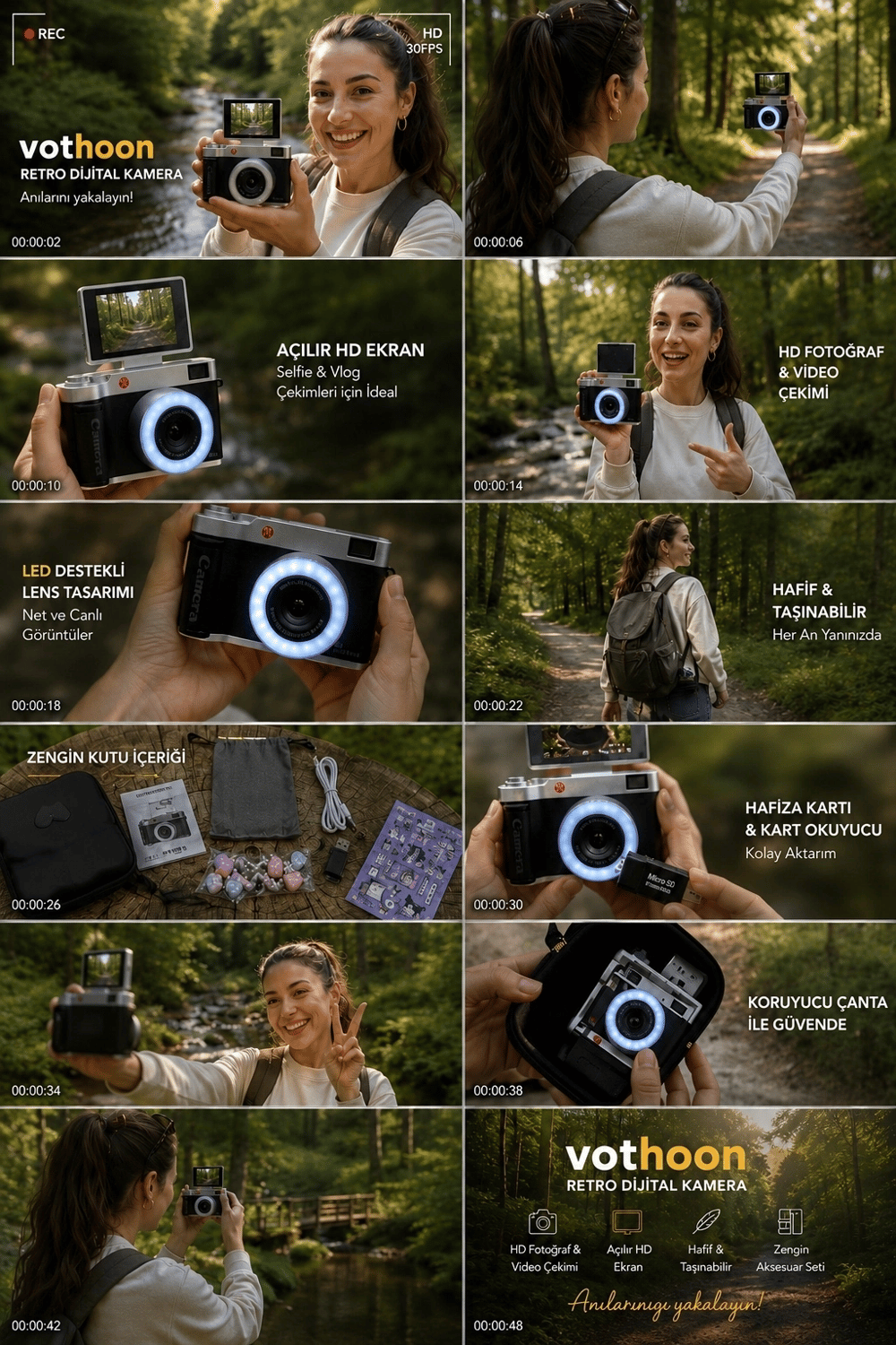 4k Çantalı Dijital Retro Video Kamera 48mp 16x Zoom Işıklı (32gb) Kart Dijital Fotoğraf Makinesi Pembe