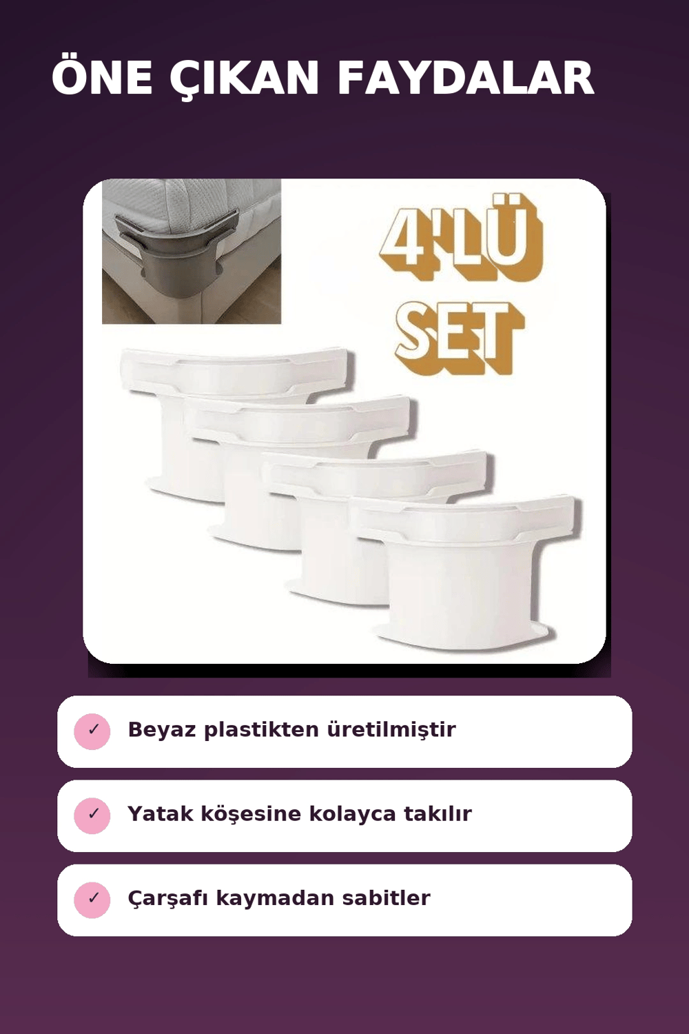 4lü Beyaz Plastik Yatak Çarşaf Sabitleyici Klips Seti