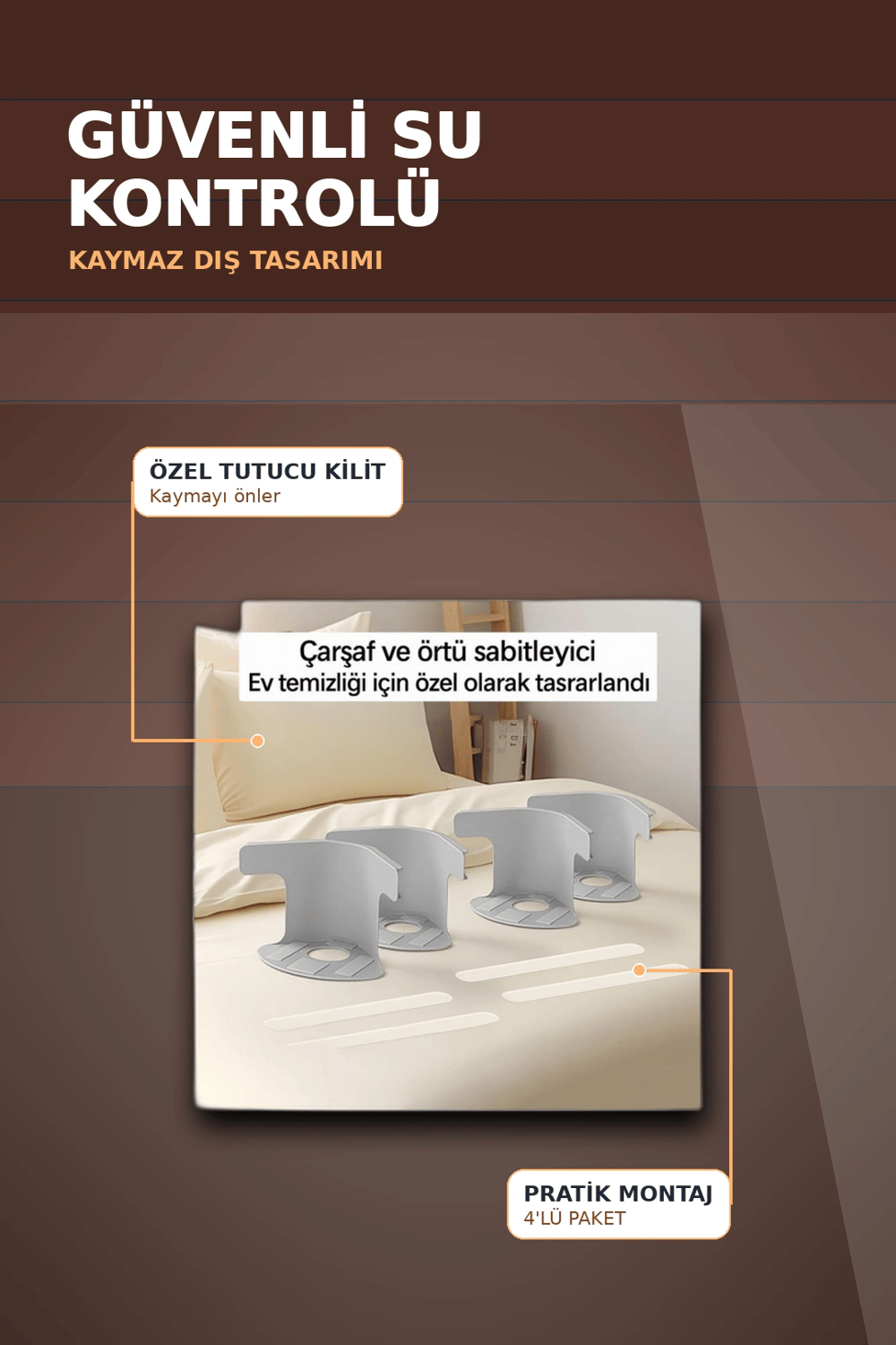 4lü Şeffaf Kaymaz Çarşaf ve Yorgan Sabitleyici - Dişli Tutucu ile Pratik Çözüm
