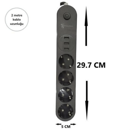 4lü Siyah Anahtarlı 3 Usb Li Akım Korumalı Topraklı Çocuk Korumalı Grup Priz 2 Metre