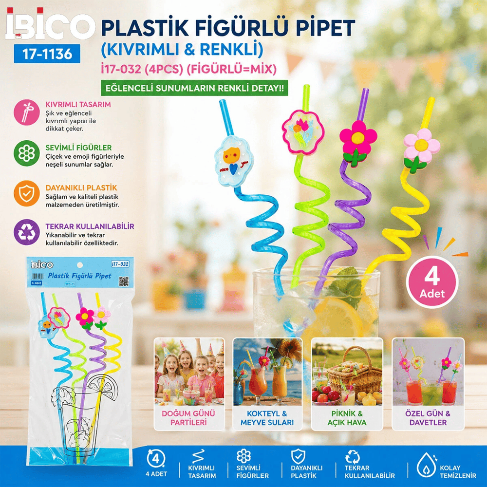 4pcs Kıvrımlı - Renkli Plastik Pipet Figürlü=mix Bx40