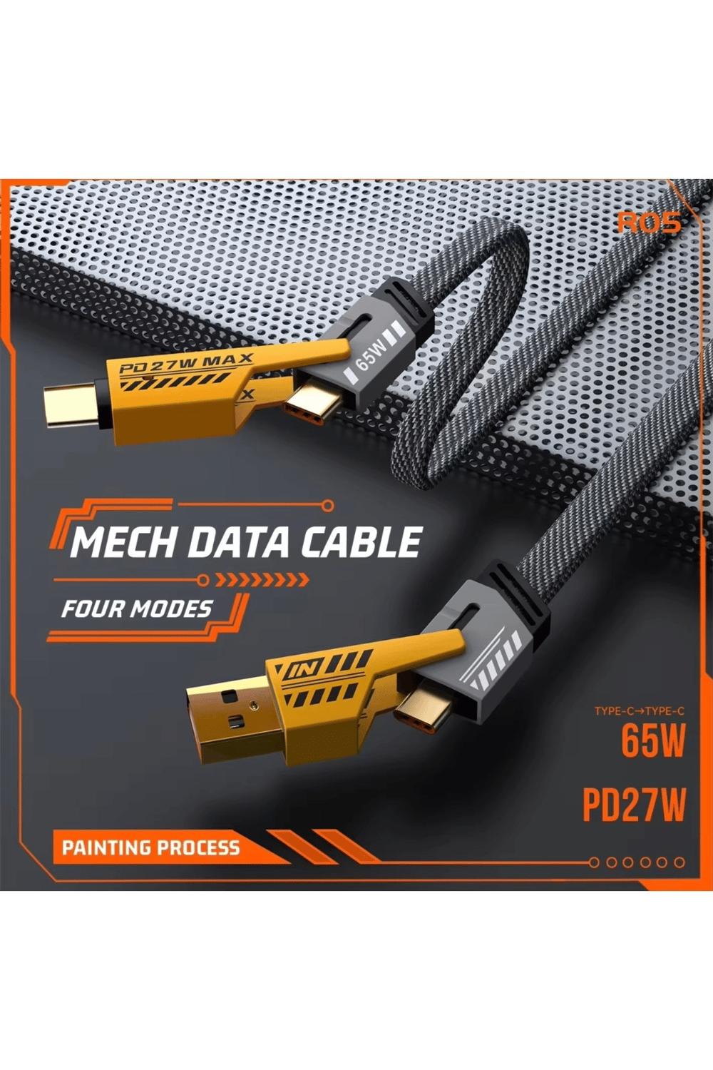 4’ü 1 Arada 65W Hızlı Şarj Kablosu – USB ve Type-C Girişli, Örgülü Dayanıklı
