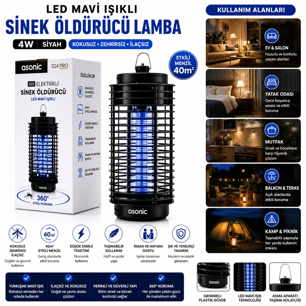 4w - Siyah Kokusuz Taşınabilir Led Mavi Işıklı Sinek Öldürücü S24 Pro Bx40