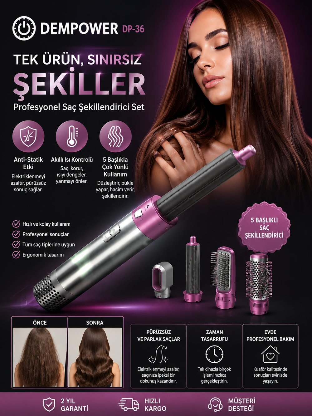 5 Başlıklı Çok Fonksiyonlu Saç Şekillendirici Fön Fırçası ve Bukle Yapıcı Set