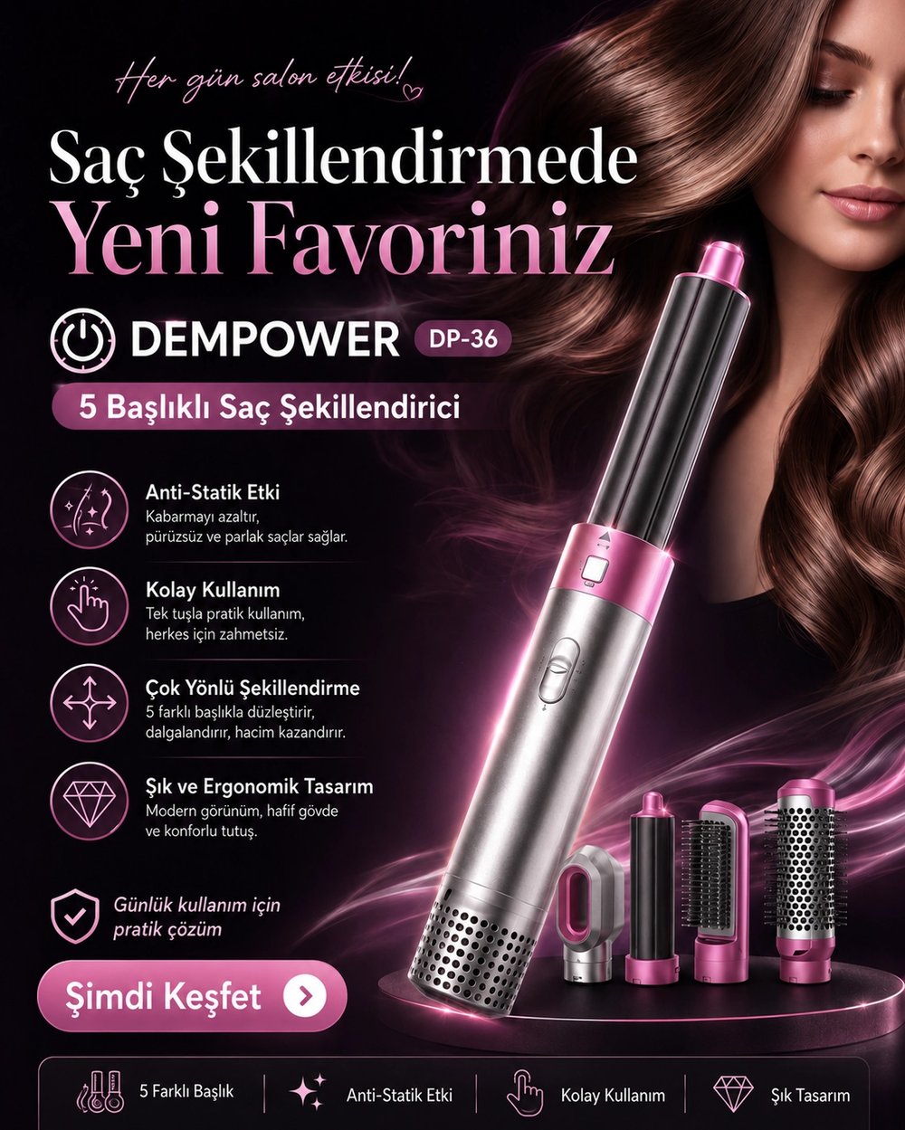 5 Başlıklı Çok Fonksiyonlu Saç Şekillendirici Fön Fırçası ve Bukle Yapıcı Set
