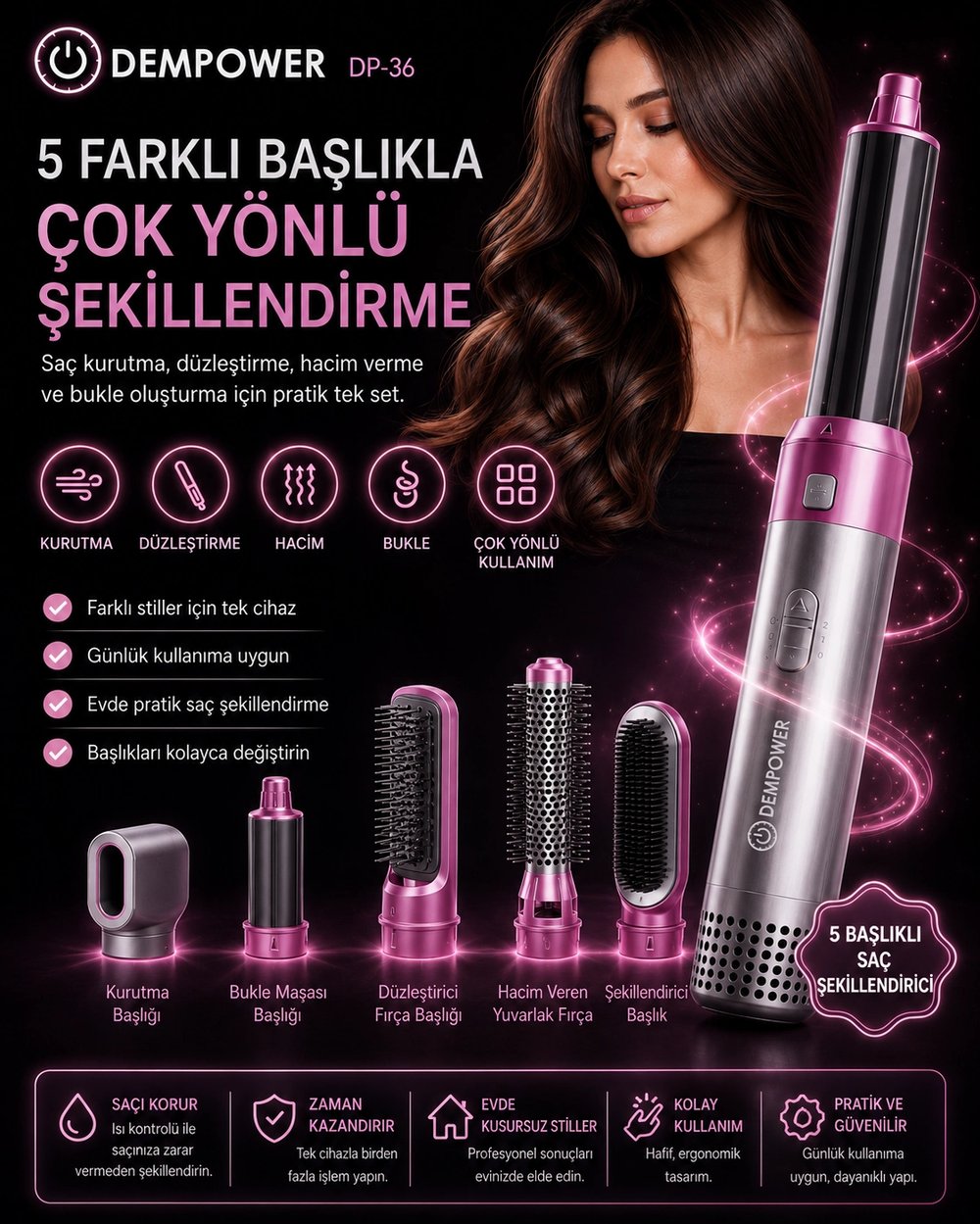 5 Başlıklı Çok Fonksiyonlu Saç Şekillendirici Fön Fırçası ve Bukle Yapıcı Set
