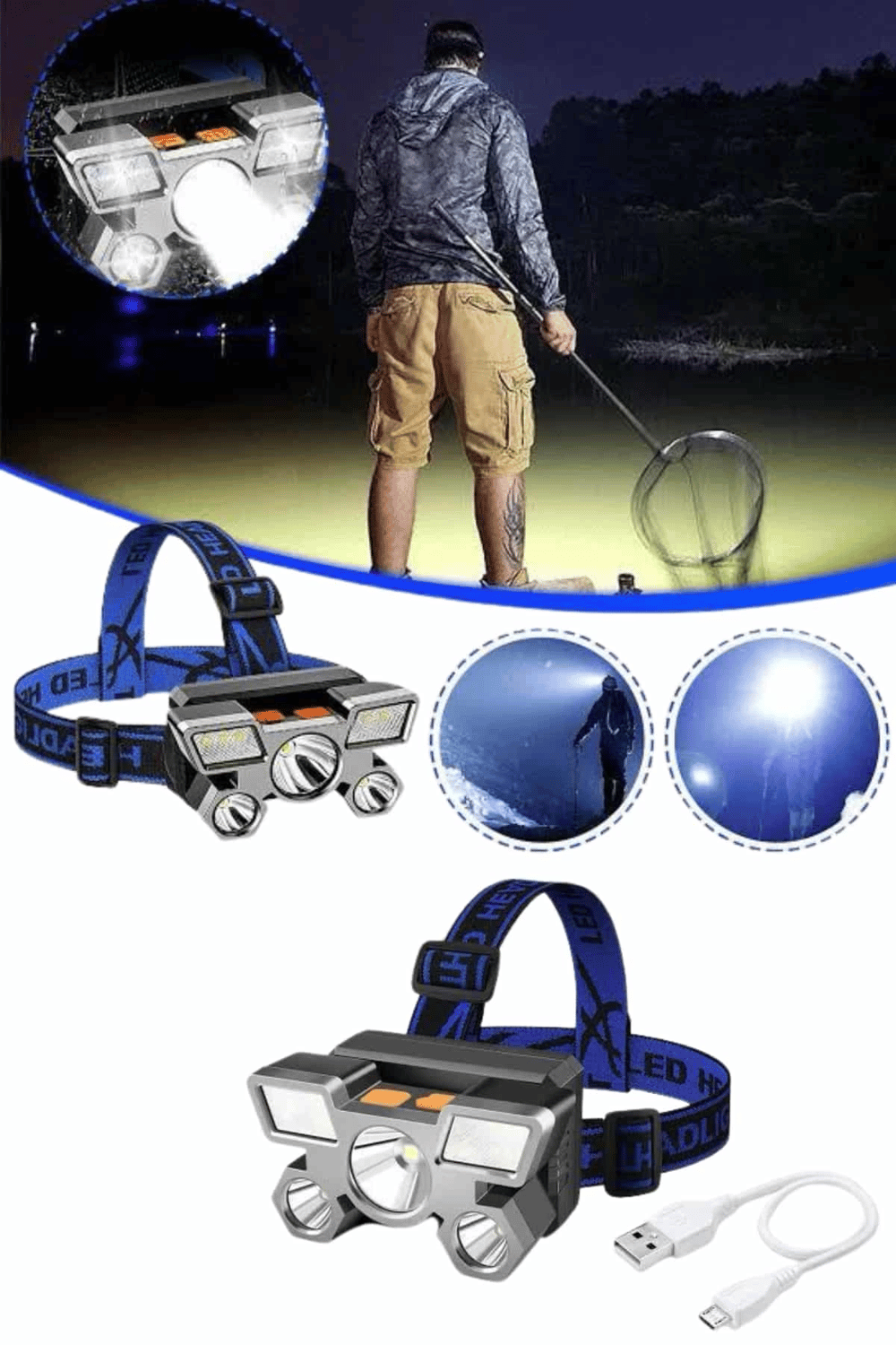 5 LED Far Şarj Edilebilir Güçlü Kafa Lambası Kamp Lambası 4 Modlu