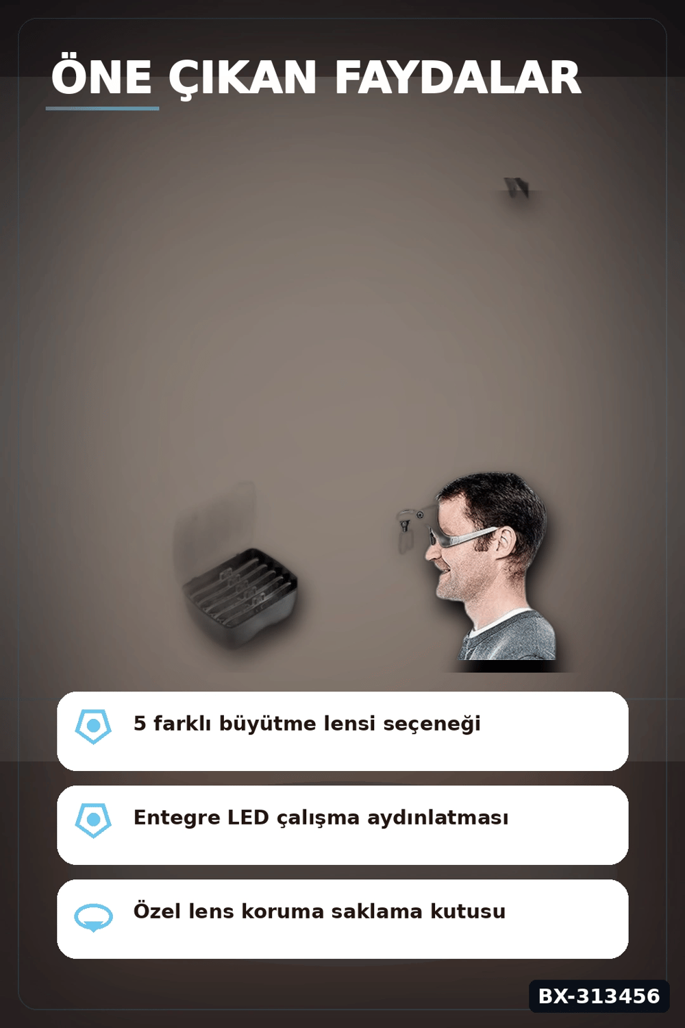 5 Lensli 2 LED Işıklı Büyüteç Gözlük - Ayarlanabilir Pilli Model, Hobi ve Tamir İçin BX-313456