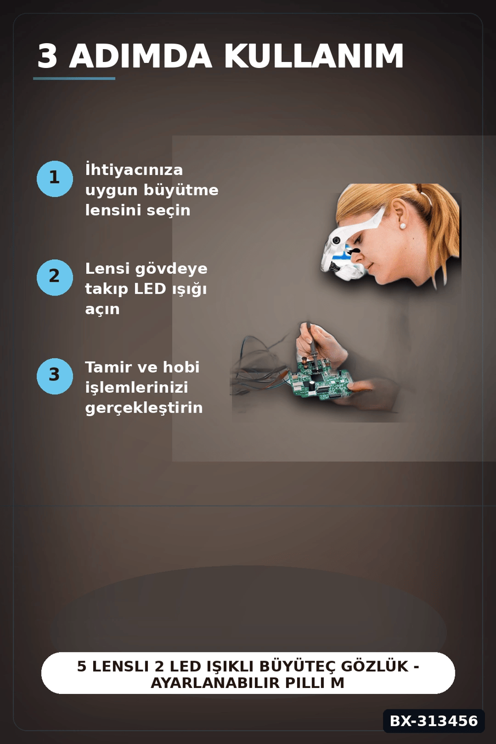 5 Lensli 2 LED Işıklı Büyüteç Gözlük - Ayarlanabilir Pilli Model, Hobi ve Tamir İçin BX-313456