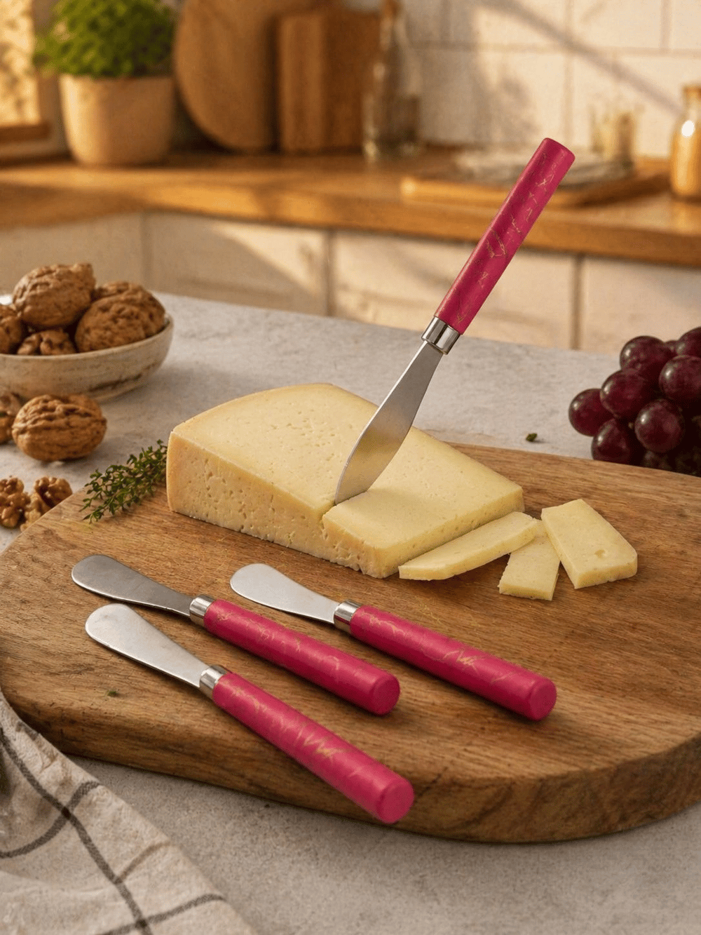 5 Parça  Uzun Kahvaltı Bıçak - Kırmızı Mermer Desen Saplı 16.5 Cm Bx40