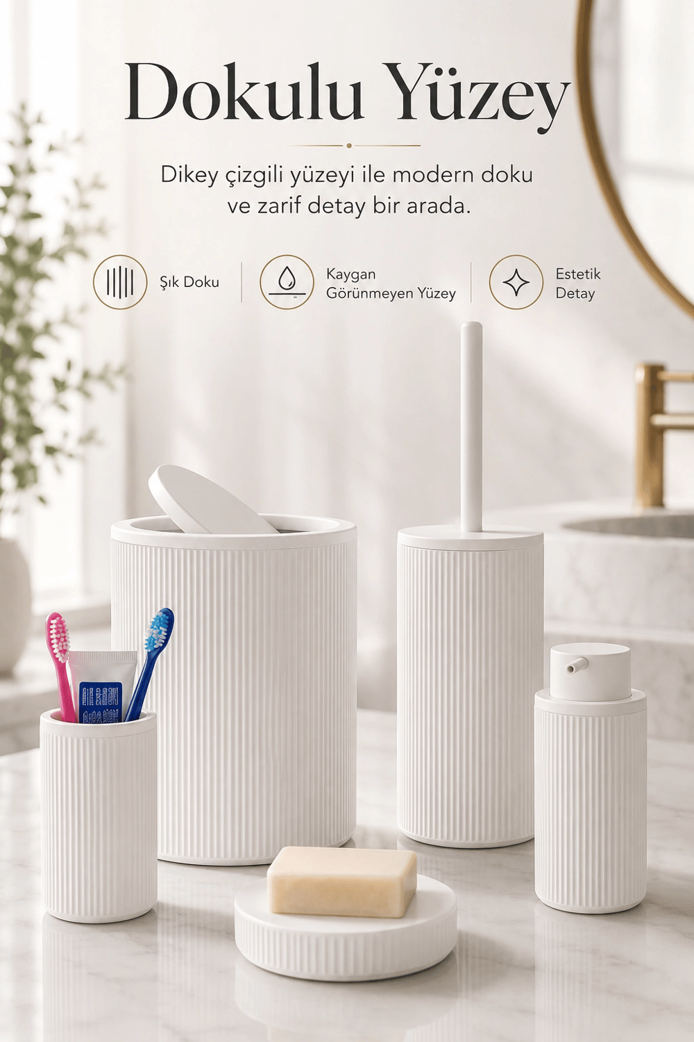 5 Parça Beyaz Banyo Seti Diş Fırçalık Çöp Kovası Sabunluk Sıvı Sabunluk Tuvalet Fırçası