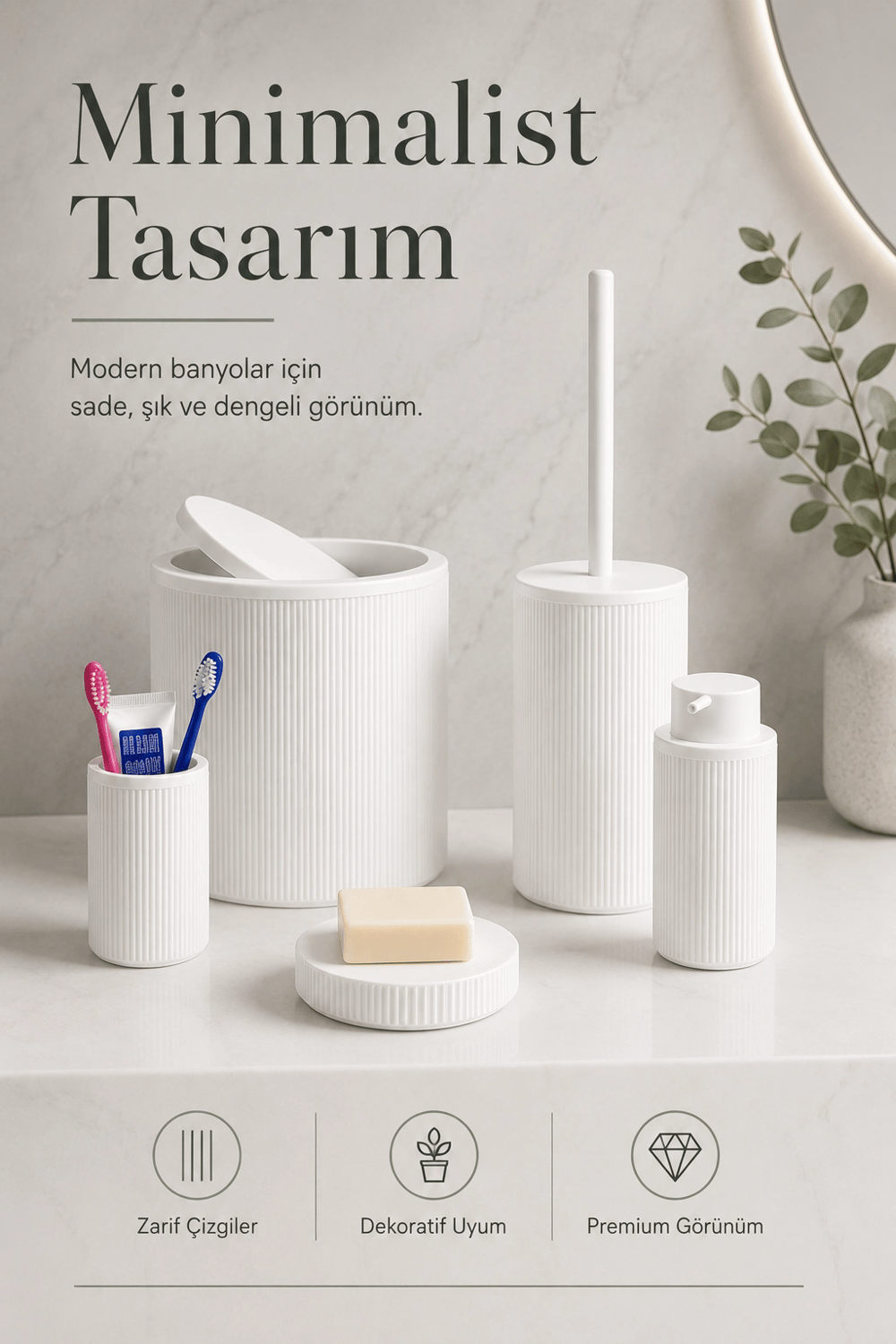 5 Parça Beyaz Banyo Seti Diş Fırçalık Çöp Kovası Sabunluk Sıvı Sabunluk Tuvalet Fırçası