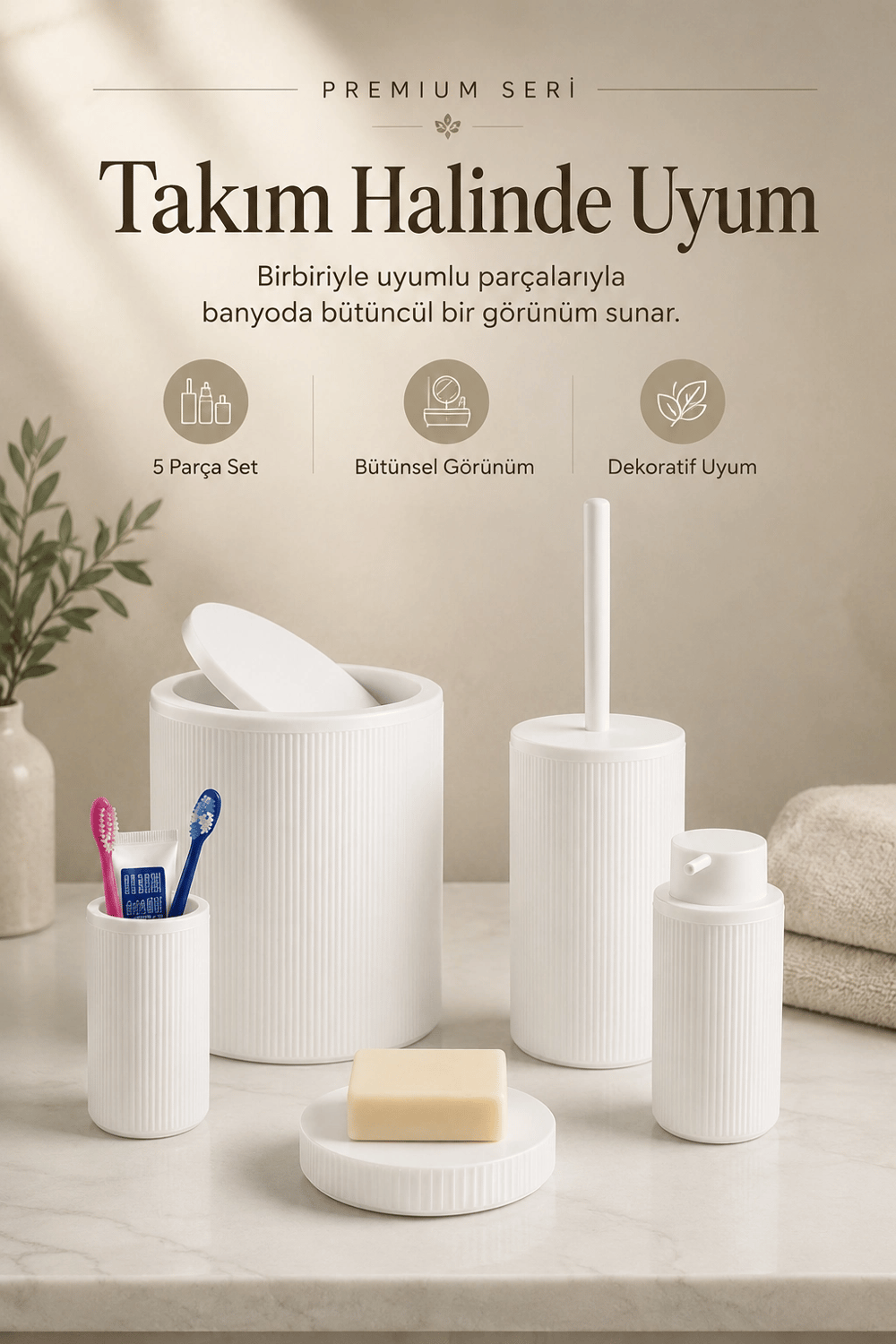 5 Parça Beyaz Banyo Seti Diş Fırçalık Çöp Kovası Sabunluk Sıvı Sabunluk Tuvalet Fırçası