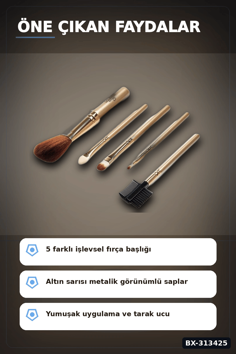 5 Parça Profesyonel Makyaj Fircasi Seti - Sarı Renk Kozmetik Far Allik Fondoten Fircasi BX-313425