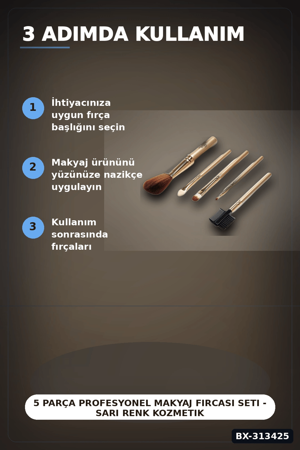 5 Parça Profesyonel Makyaj Fircasi Seti - Sarı Renk Kozmetik Far Allik Fondoten Fircasi BX-313425
