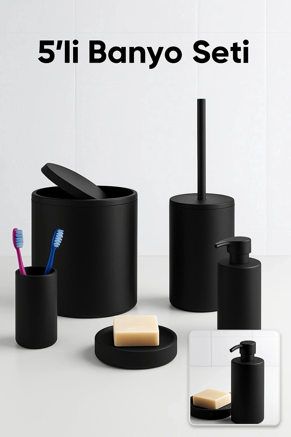 5 Parça Siyah Banyo Seti Yuvarlak Çöp Kovası Tuvalet Fırçası Sabunluk Fırçalık Modern