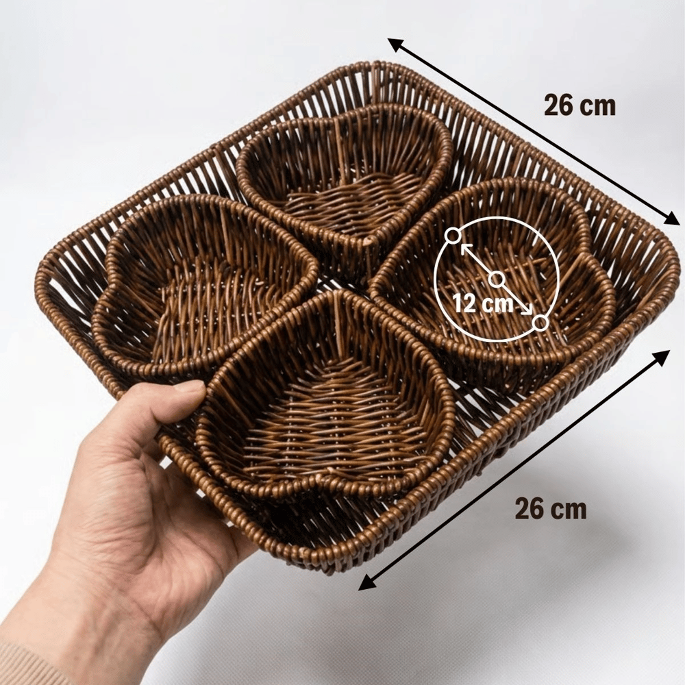 5 Parça,4 Kalp Formlu Plastik Rattan Sunum Ve Kahvaltı Seti-bölmeli Çerezlik Ve Meyvelik-doğal Hasır Görünümlü Tepsi Ve Sunum Tabakları Bx40