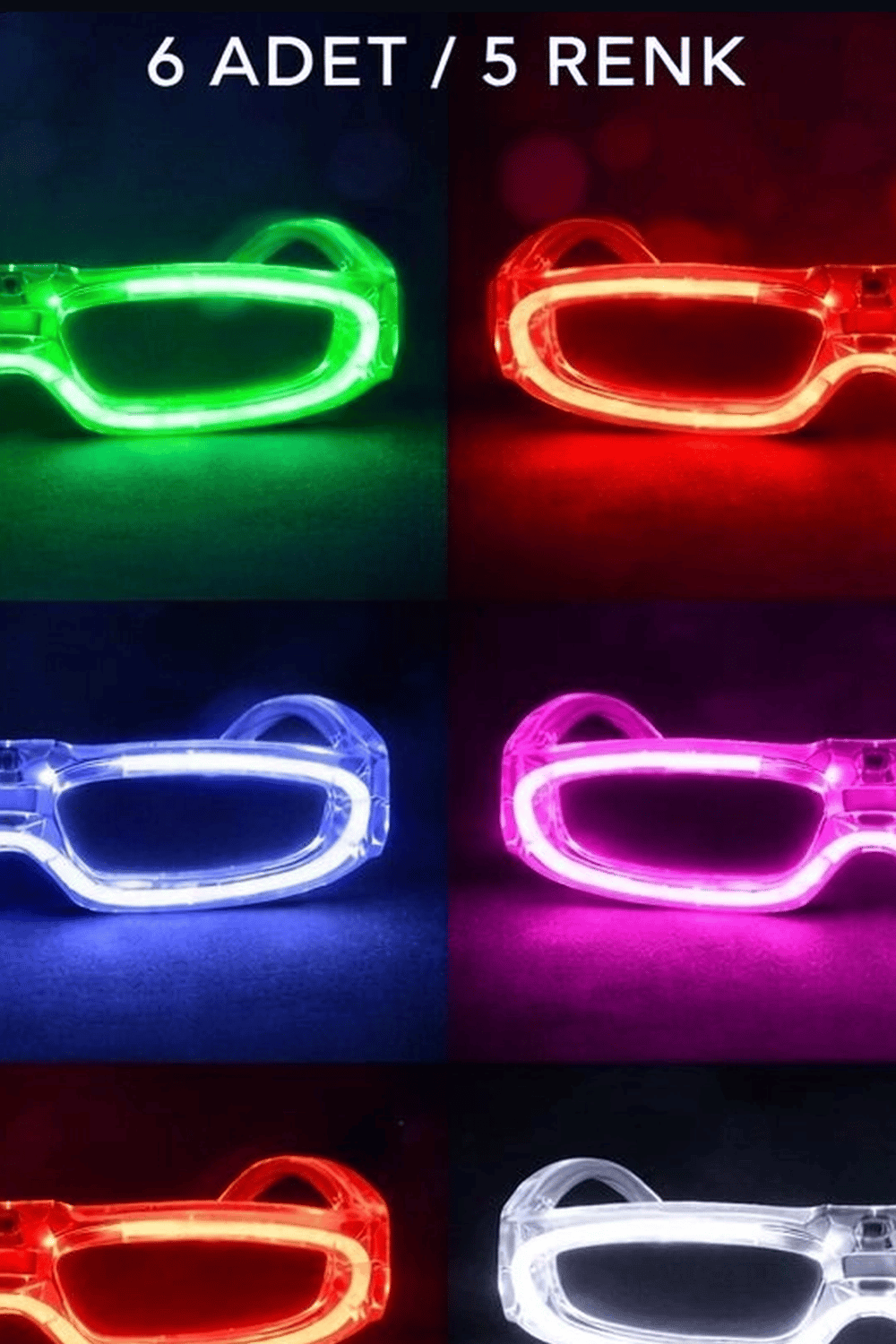 5 Renkli Pilli Led Işıklı Parti Gözlüğü 6 Adet Set - Glow Efektli Gece Aksesuarı BX-313766