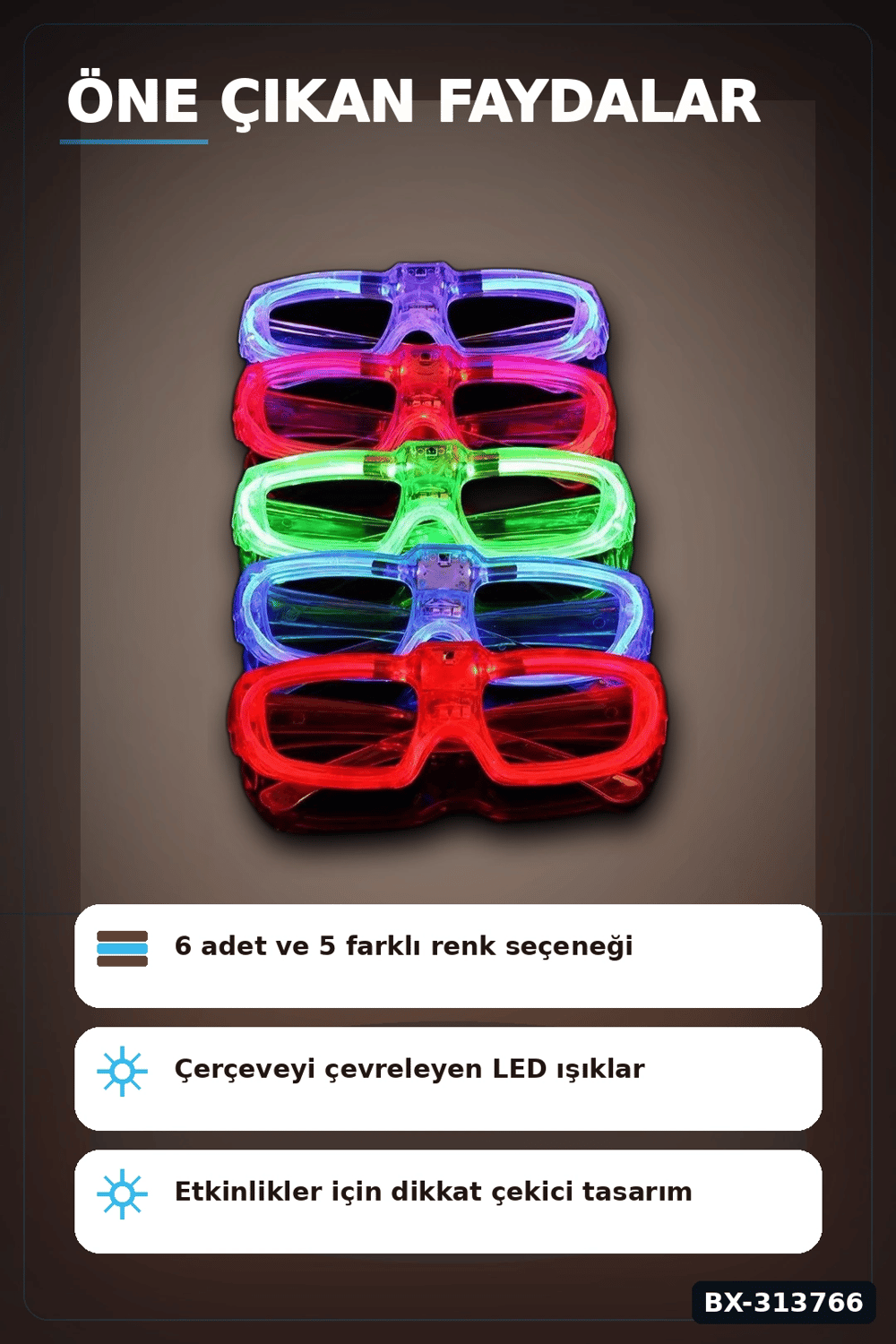5 Renkli Pilli Led Işıklı Parti Gözlüğü 6 Adet Set - Glow Efektli Gece Aksesuarı BX-313766